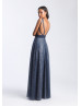 Sexy V Neck Navy Blue Glittering Tulle Open Back Prom Dress