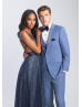 Sexy V Neck Navy Blue Glittering Tulle Open Back Prom Dress