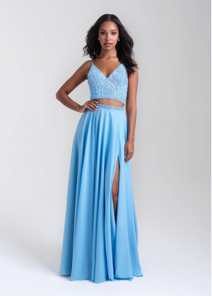Two Piece Beaded V Neck Chiffon Slit Prom Dress