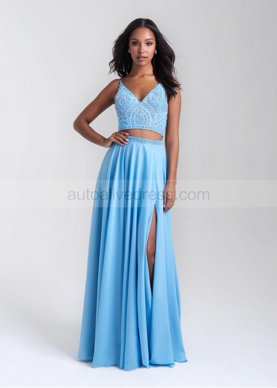 Two Piece Beaded V Neck Chiffon Slit Prom Dress