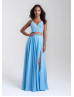 Two Piece Beaded V Neck Chiffon Slit Prom Dress