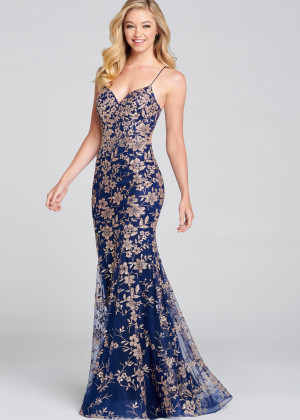 Navy Blue Tulle Cross Back Prom Dress