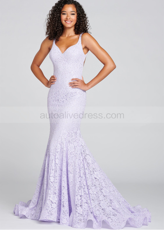 Beaded Lilac Lace Keyhole Back Prom Dress