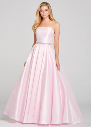 Strapless Satin Beaded Belt Prom Dress
