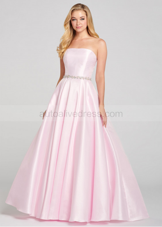 Strapless Satin Beaded Belt Prom Dress