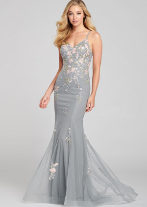 V Neck Lace Tulle Prom Dress With Horsehair Hem