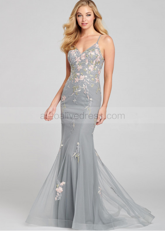 V Neck Lace Tulle Prom Dress With Horsehair Hem