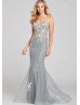 V Neck Lace Tulle Prom Dress With Horsehair Hem