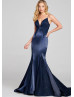 Navy Blue Lace Satin Butterfly Back Prom Dress