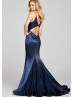 Navy Blue Lace Satin Butterfly Back Prom Dress