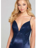 Navy Blue Lace Satin Butterfly Back Prom Dress