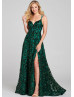 Green Sequin Tulle Slit Prom Dress With Horsehair Hem