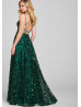 Green Sequin Tulle Slit Prom Dress With Horsehair Hem
