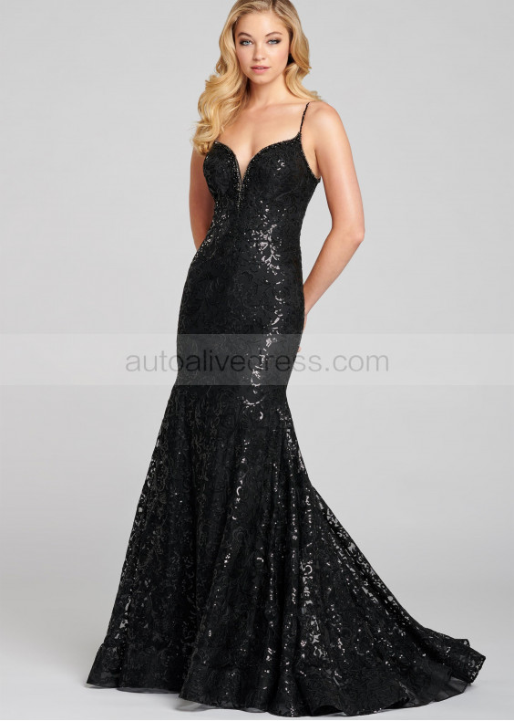 Black Sequin Beaded V Neck Prom Dress