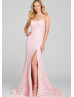 Scoop Neck Beaded Pink Lace Slit Prom Dress