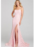 Scoop Neck Beaded Pink Lace Slit Prom Dress