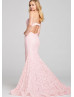Scoop Neck Beaded Pink Lace Slit Prom Dress