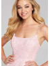 Scoop Neck Beaded Pink Lace Slit Prom Dress