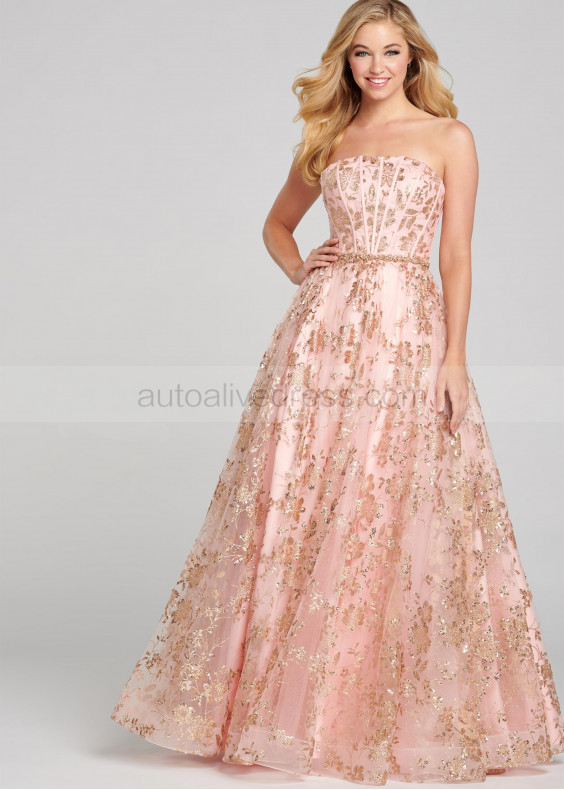 Strapless Gold Sequin Pink Tulle Prom Dress