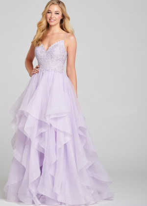Beaded Lace Glitter Tulle Ruffle Prom Dress