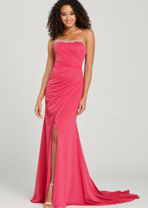 Beaded Strapless Jersey Slit Prom Dress