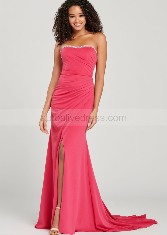 Beaded Strapless Jersey Slit Prom Dress