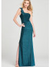 One Shoulder Turquoise Glitter Slit Prom Dress