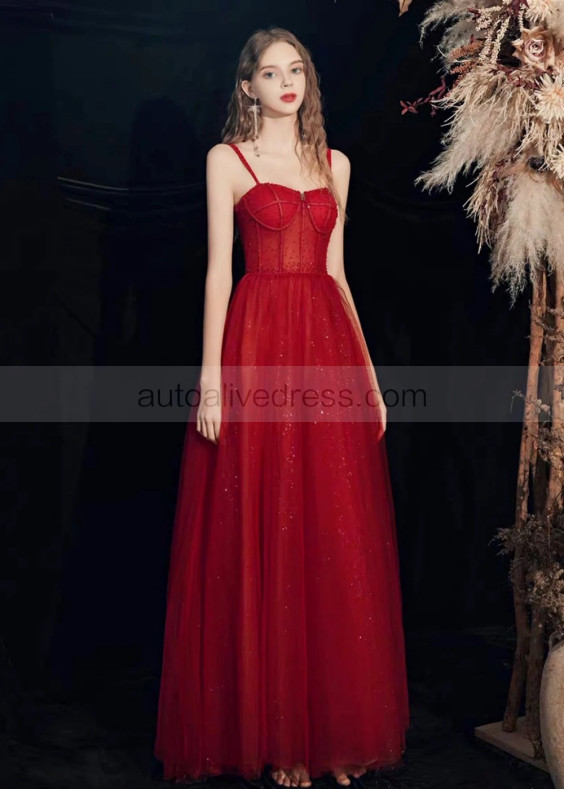 Red Beaded Sparkling Tulle Prom Dress Banquet Dress