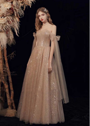 Sweetheart Neck Champagne Glitter Tulle Fairytale Prom Dress