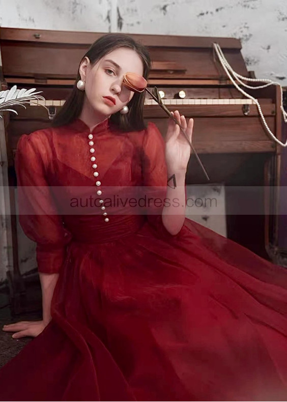 Vintage High Neck Red Organza Tea Length Prom Dress 