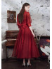 Vintage High Neck Red Organza Tea Length Prom Dress 