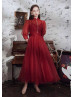 Vintage High Neck Red Organza Tea Length Prom Dress 