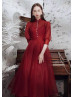 Vintage High Neck Red Organza Tea Length Prom Dress 