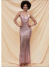 Rose Pink Sequin Low Back Sexy Long Prom Dress