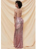 Rose Pink Sequin Low Back Sexy Long Prom Dress
