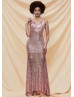 Rose Pink Sequin Low Back Sexy Long Prom Dress