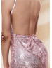 Rose Pink Sequin Low Back Sexy Long Prom Dress