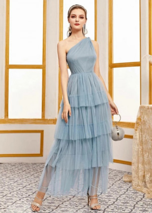 Dusty Blue Tulle Layered One Shoulder Prom Dress