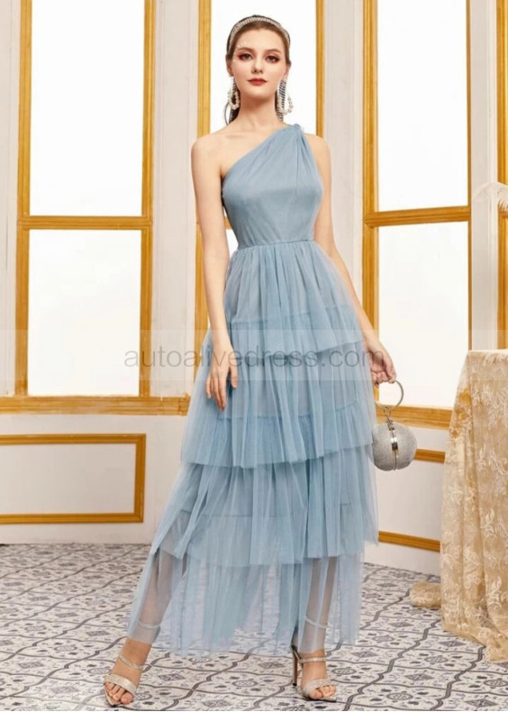 Dusty Blue Tulle Layered One Shoulder Prom Dress