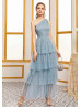 Dusty Blue Tulle Layered One Shoulder Prom Dress