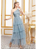Dusty Blue Tulle Layered One Shoulder Prom Dress