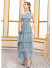 Dusty Blue Tulle Layered One Shoulder Prom Dress