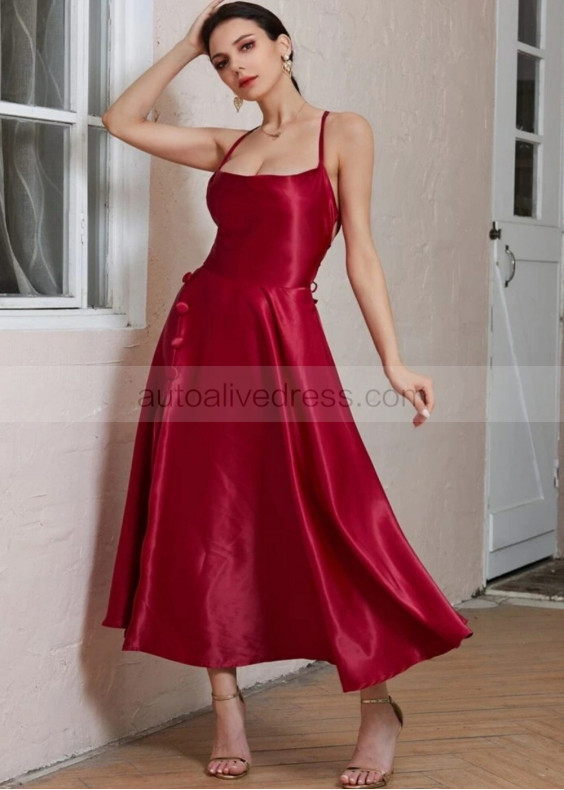 Red Satin High Slit Crisscross Back Prom Dress