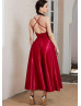 Red Satin High Slit Crisscross Back Prom Dress