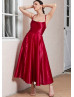 Red Satin High Slit Crisscross Back Prom Dress