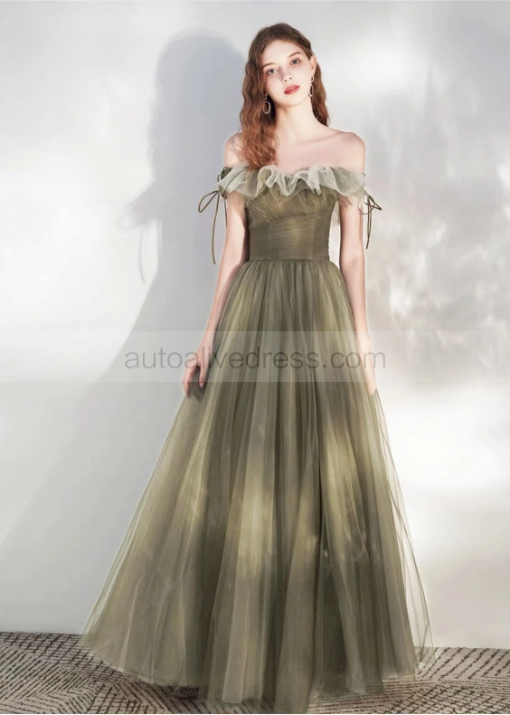 Off Shoulder Olive Tulle Ruched Amazing Prom Dress