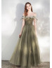 Off Shoulder Olive Tulle Ruched Amazing Prom Dress