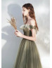 Off Shoulder Olive Tulle Ruched Amazing Prom Dress