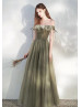 Off Shoulder Olive Tulle Ruched Amazing Prom Dress