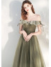Off Shoulder Olive Tulle Ruched Amazing Prom Dress